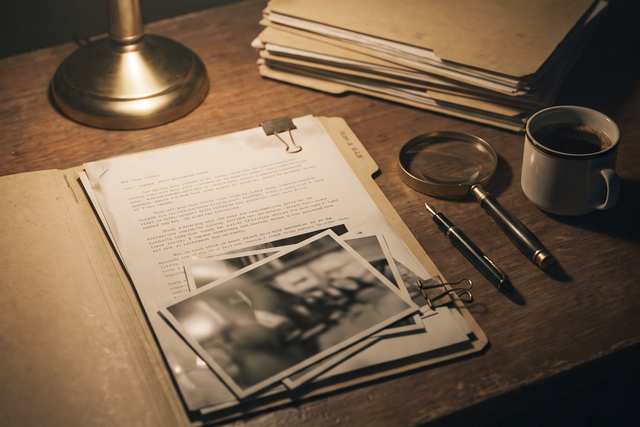 Escritorio con un expediente abierto, fotografías y una lupa bajo una lámpara