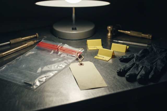 Bolsa de evidencia sellada con etiqueta de cadena de custodia, marcadores numerados y guantes