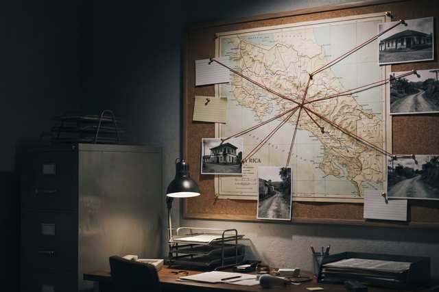 Pared de investigación con un mapa de Costa Rica, fotografías y notas