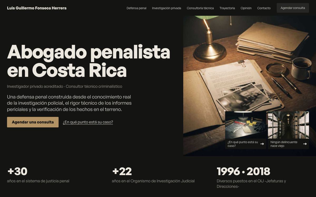 The home page of a criminal lawyer in Costa Rica, dark layout with a search-first headline
