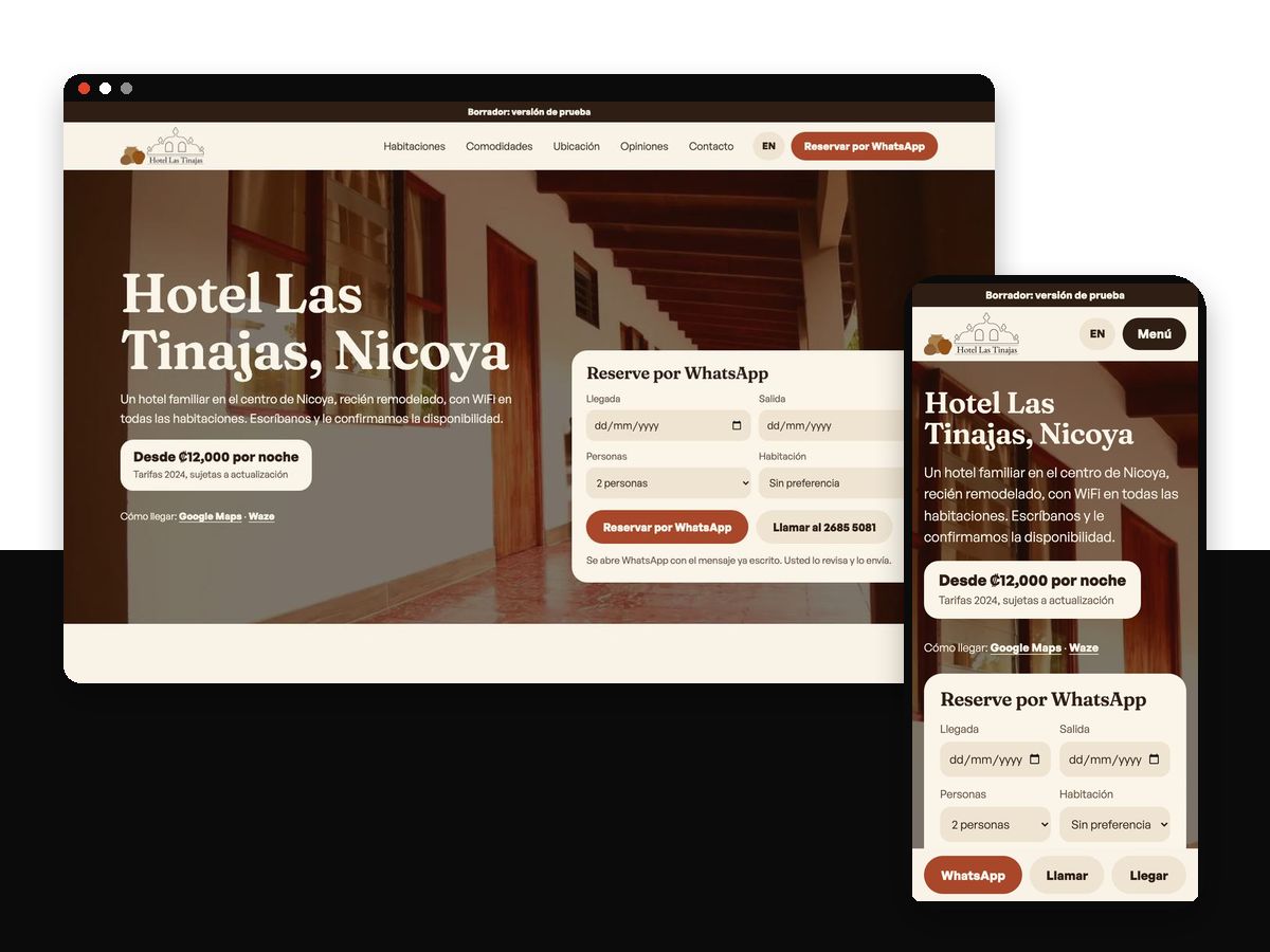 A hotel website we built, with rates and a booking box