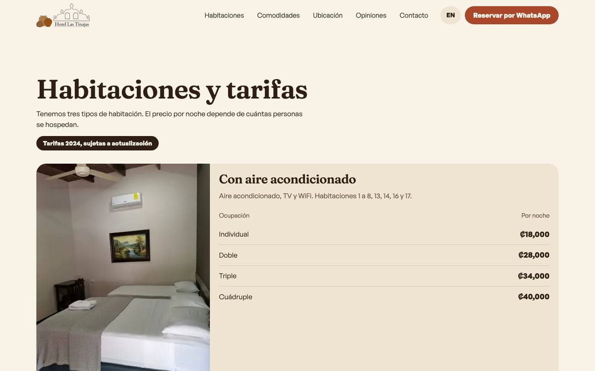 The rooms and rates section on a desktop screen